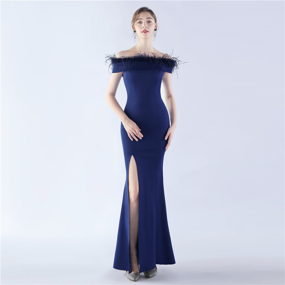 BamBam Women Ostrich Feather Off Shoulder Strapless Evening Dress - BamBam Clothing