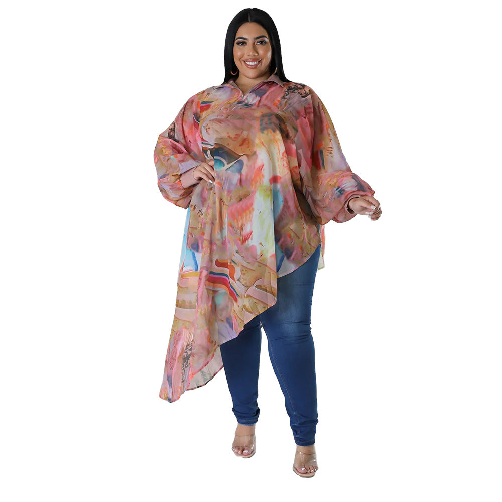 BamBam Plus Size Women Long Sleeve Round Neck Sexy Printed Chiffon Top - BamBam