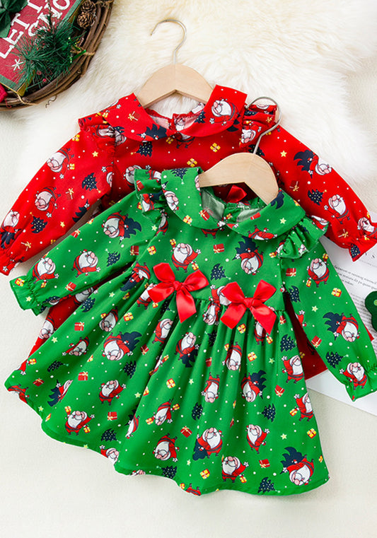 Children's Christmas Girls Dress Trendy Cute Bow Print Santa Baby Princess Dress