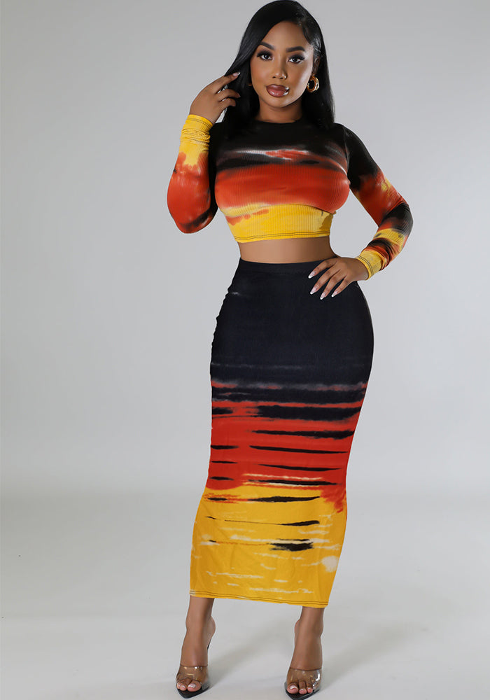 Women Sexy Ribbed Printed Top and Bodycon Skirt Two-piece Set