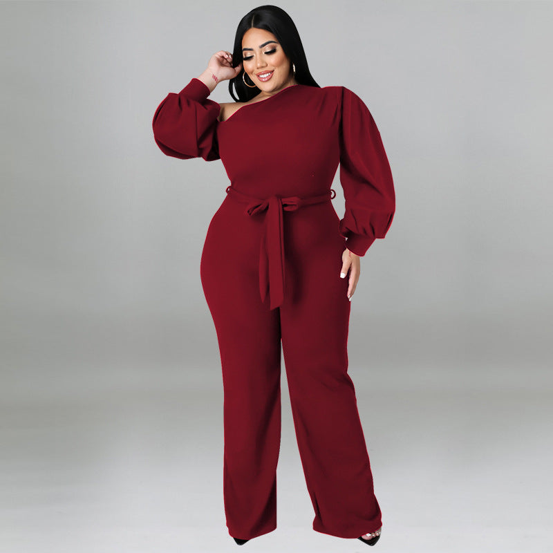 BamBam Plus Size Women Solid Balloon Sleeve Slash Shoulder Belted Jumpsuit - BamBam Clothing