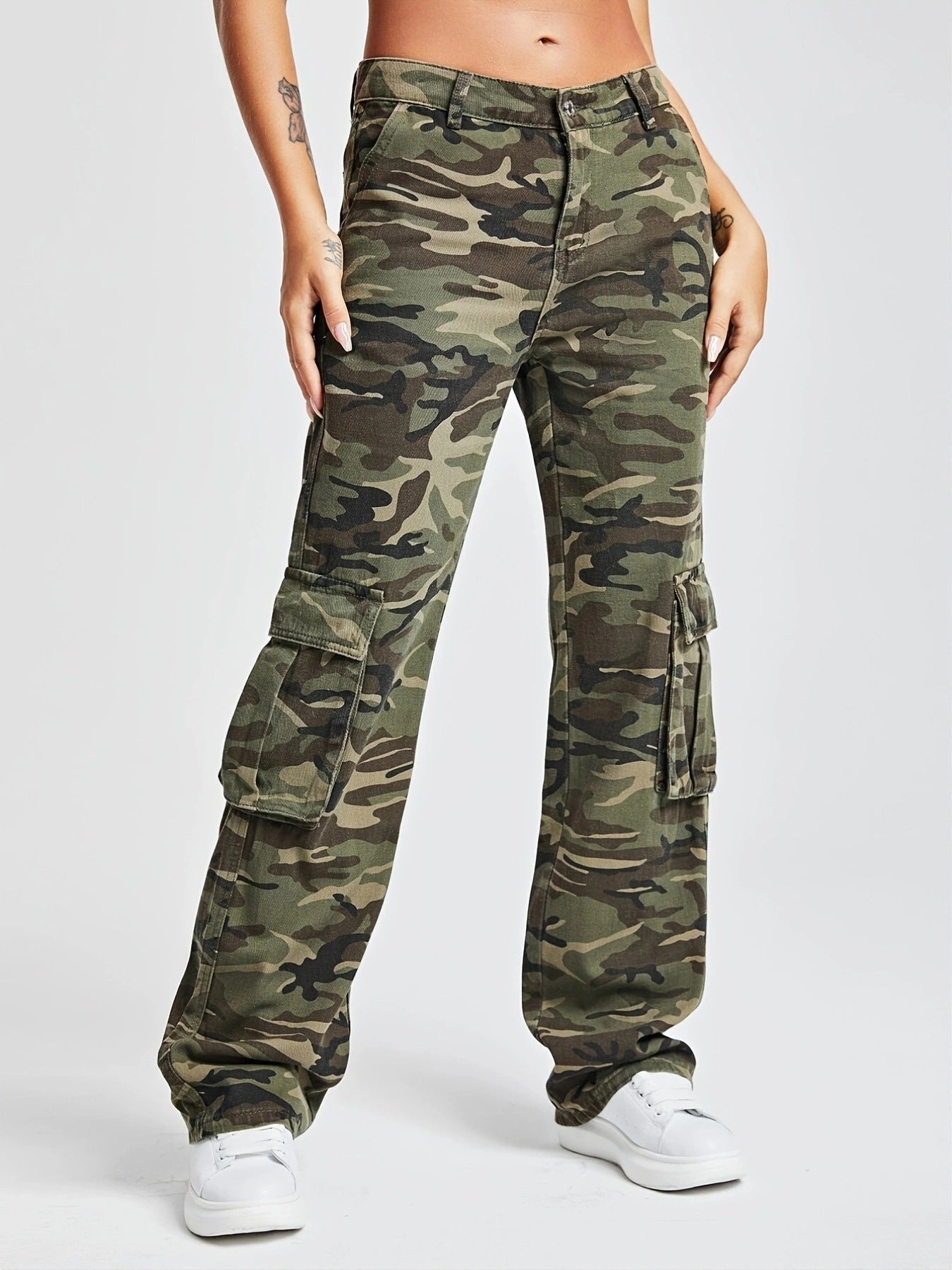 BamBam Women Camo Cargo Loose Denim Pants - BamBam