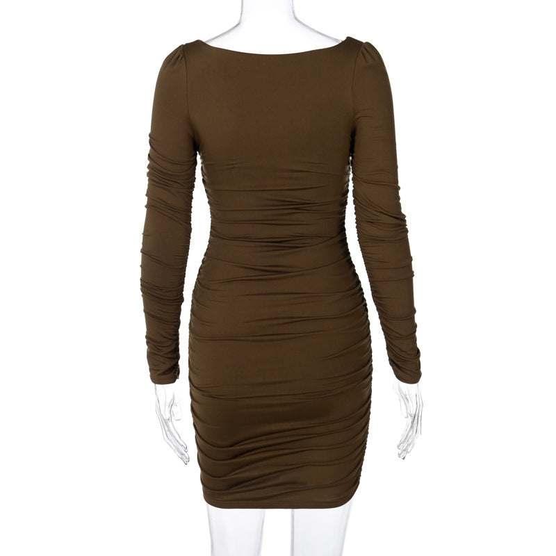 BamBam Women Autumn and Winter Square Neck Pleated Long Sleeve Sexy Dress - BamBam Clothing