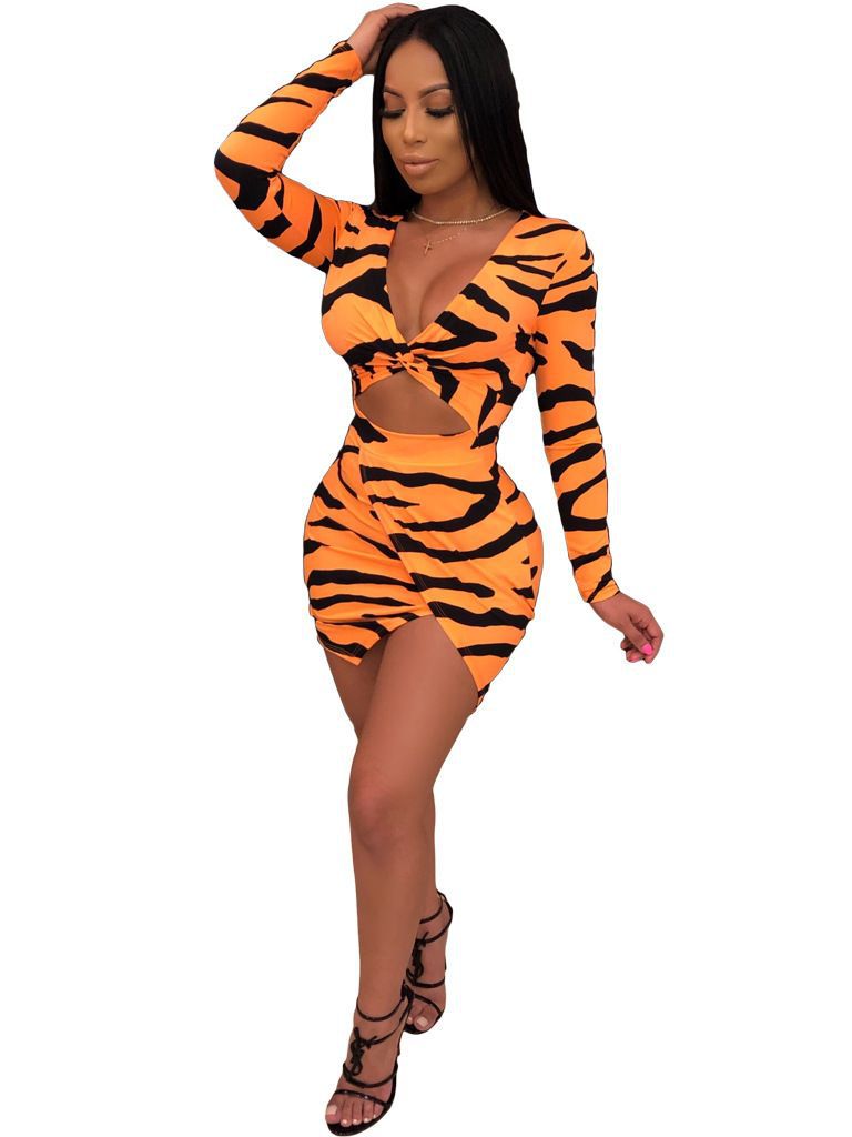 BamBam Fashion Women's Long Sleeve Leopard Print Tight Fitting Sexy Hollow Slit Bodycon Dress - BamBam Clothing