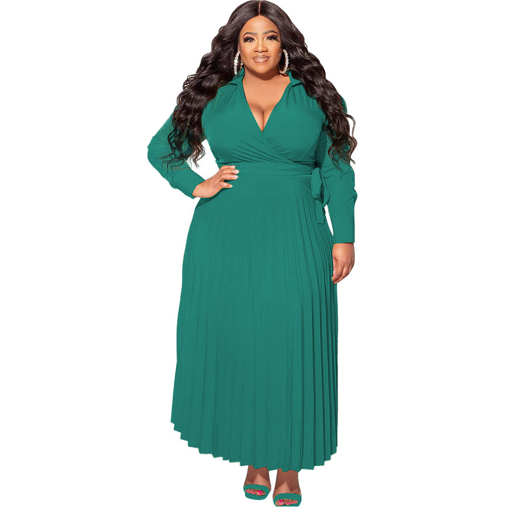 BamBam Plus Size Women V-Neck Tie Long Sleeve Pleated Skirt - BamBam