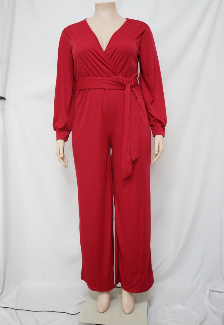 BamBam Autumn Plus Size Elegant Wrap Jumpsuit Red - BamBam Clothing