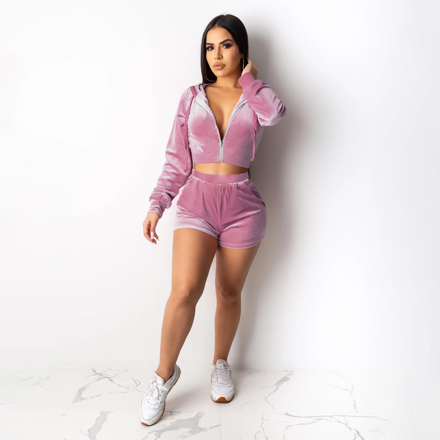 BamBam Women Long Sleeve Veet Hooded Top and Shorts Two Piece Set - BamBam