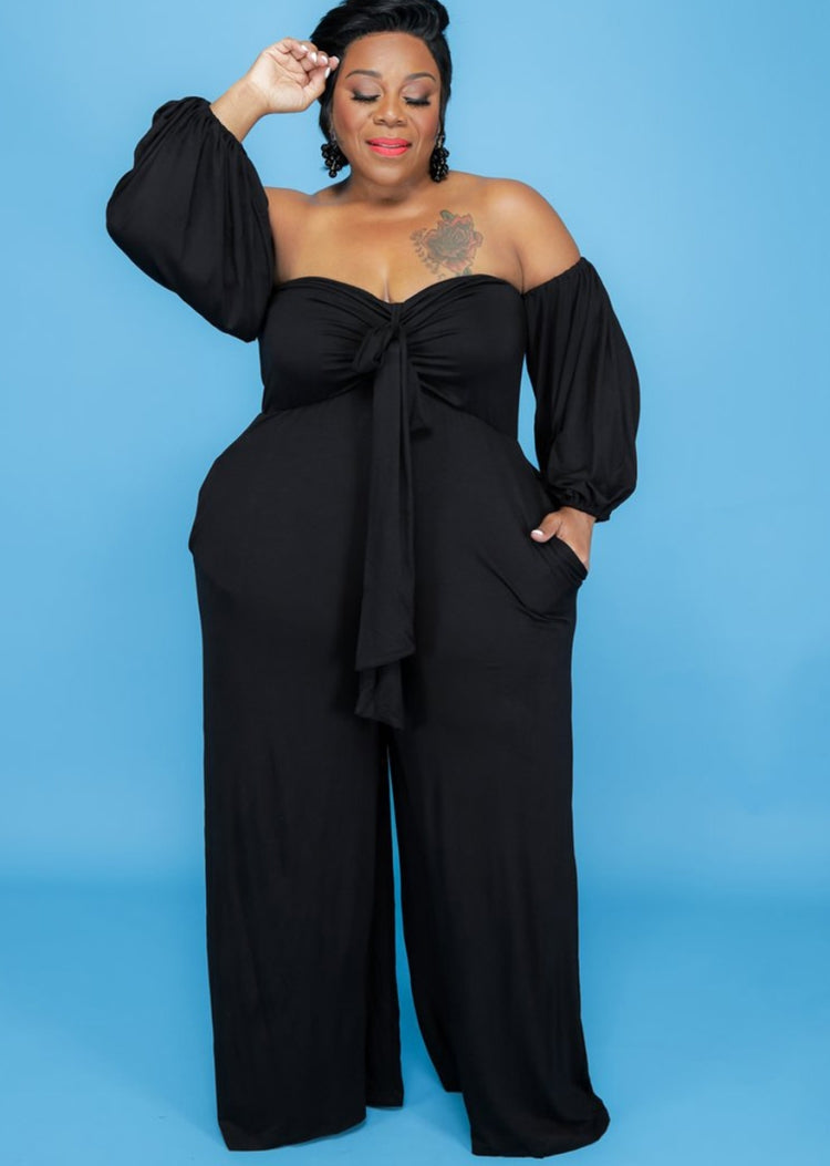 Fall Plus Size Black Off Shoulder Loose Jumpsuit