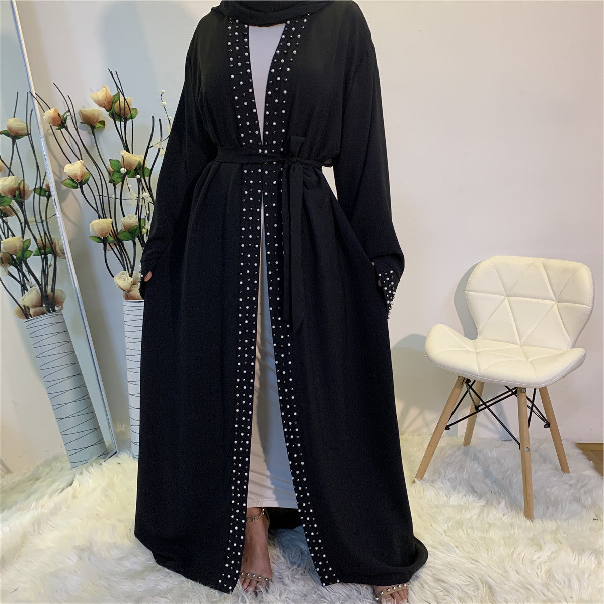 BamBam Women Arabic Turkish Elegant Beaded Muslim Lace Cardigan Robe - BamBam