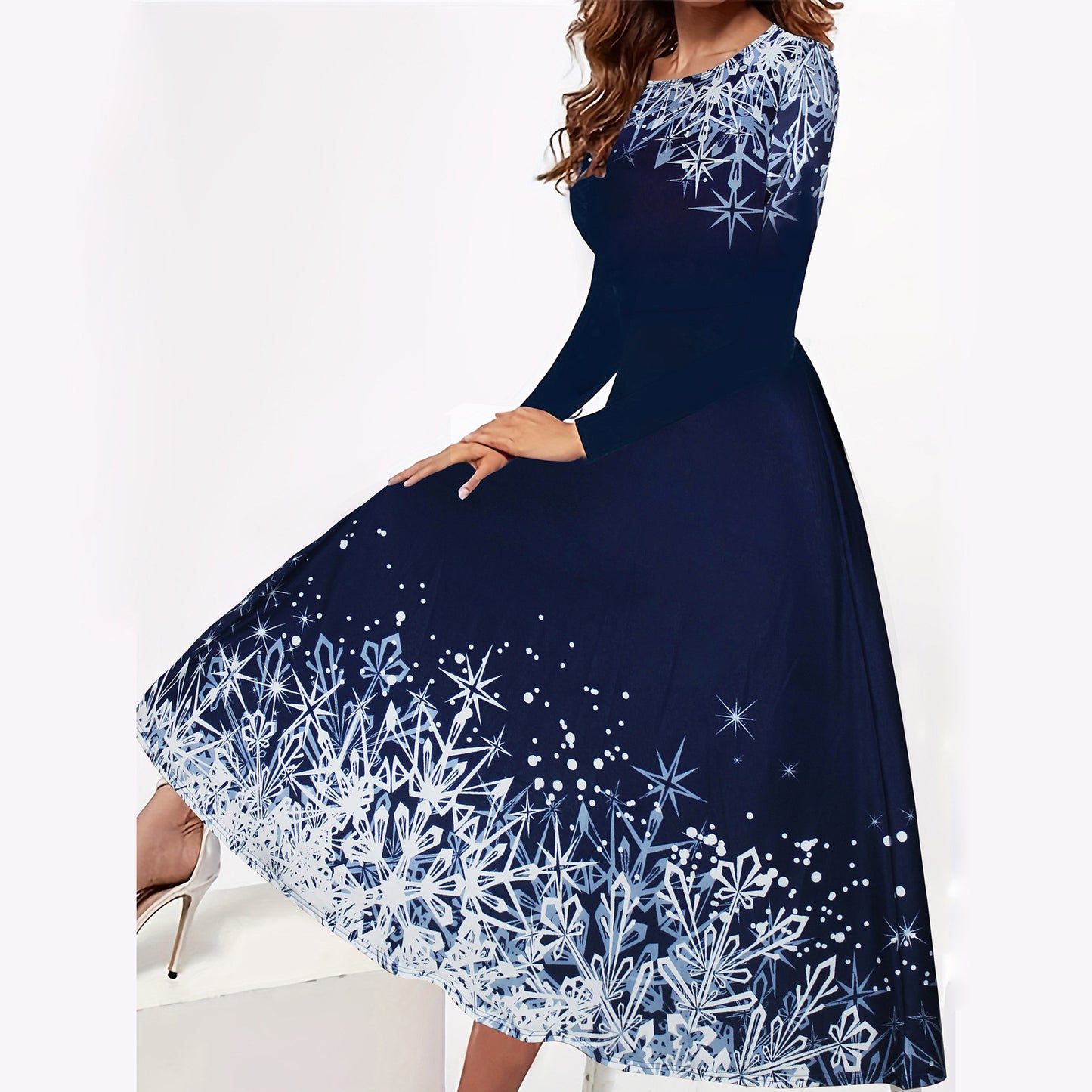 BamBam Autumn And Winter Christmas Snowflake Print Round Neck A-Line Swing Dress For Women - BamBam