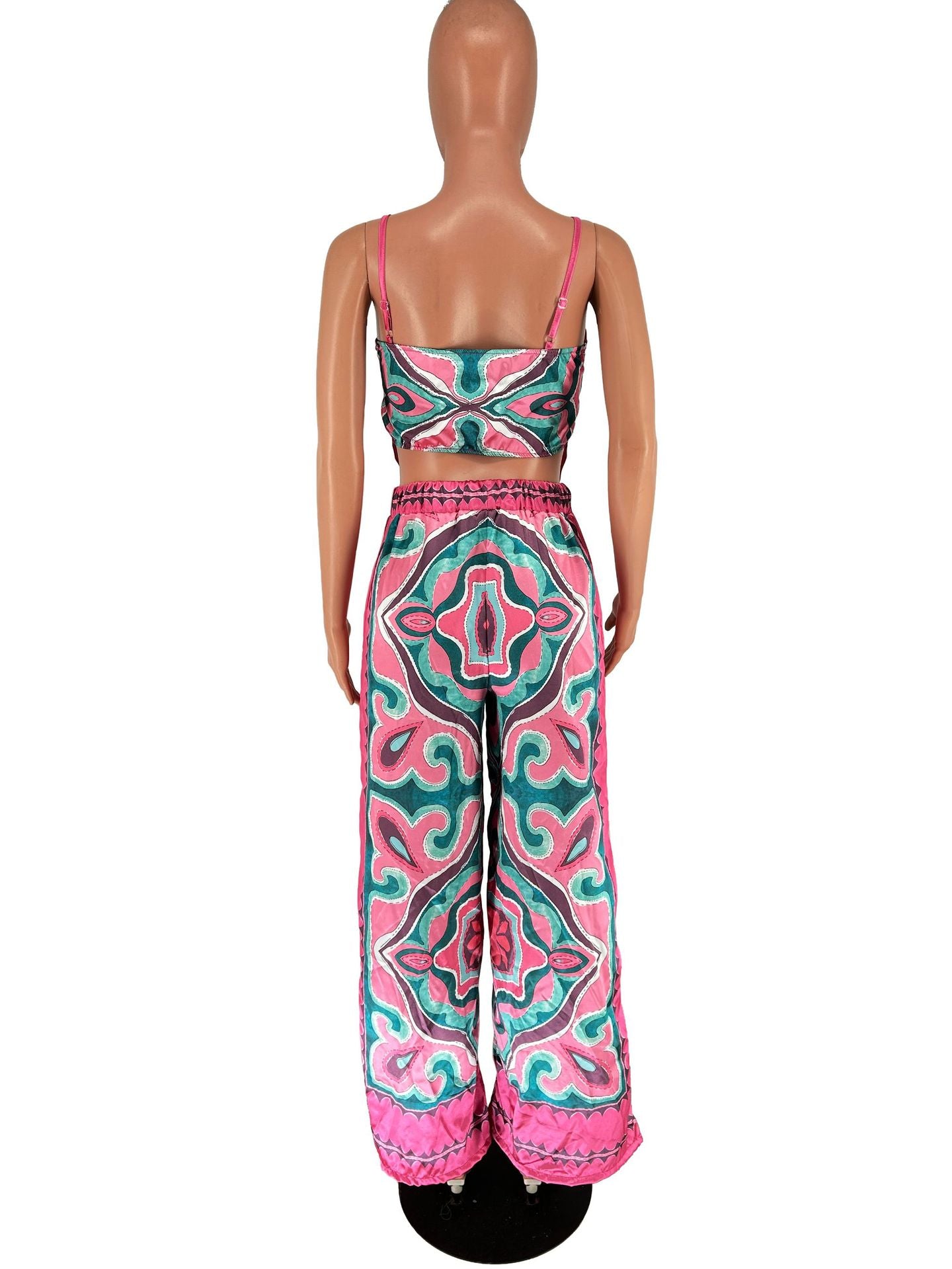 BamBam Women summer printed sexy suspenders Top and straight pants two-piece set - BamBam