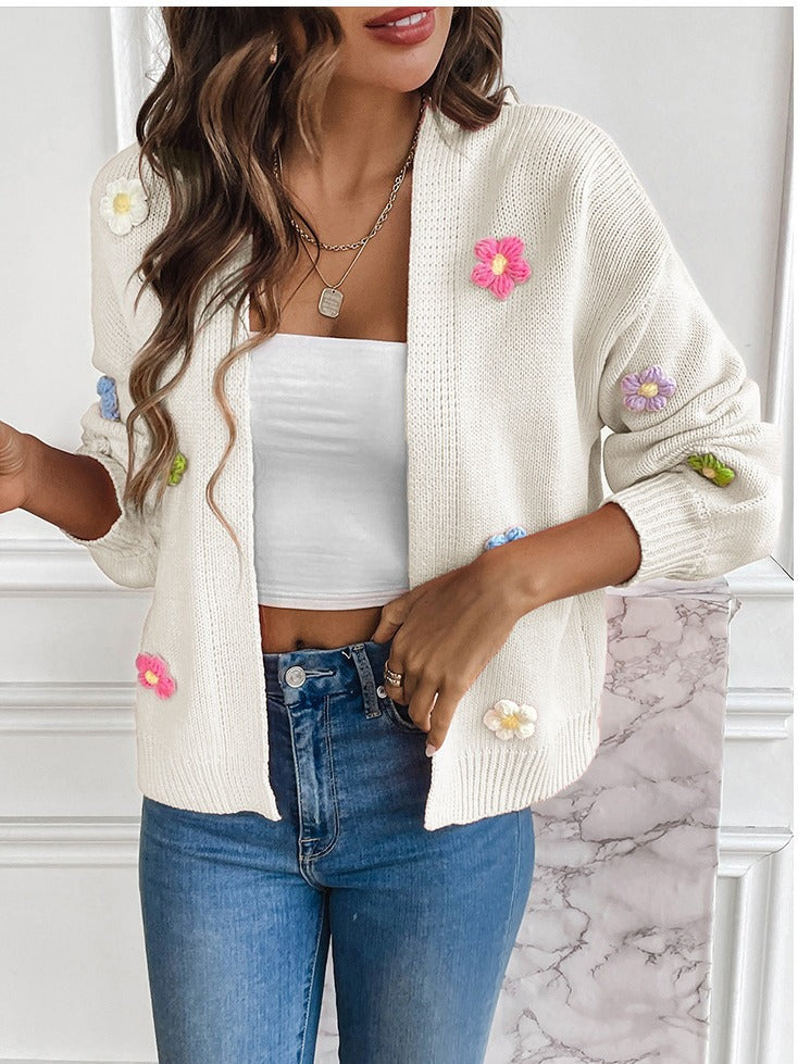 BamBam Flower Sweet Knitting Cardigan Sweater Jacket For Women Lazy Style Casual Loose Sweater - BamBam