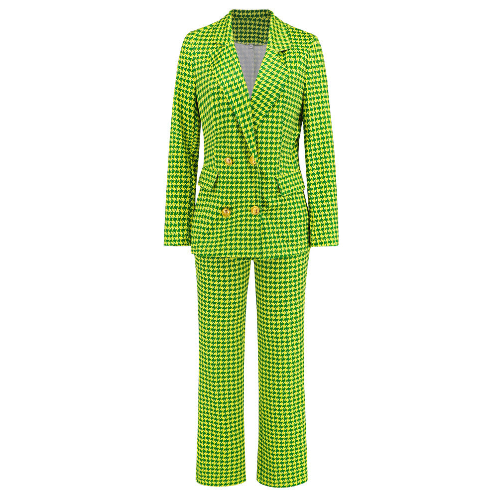 BamBam Women autumn and winter houndstooth double-breasted Blazer+ straight trousers two-piece set - BamBam Clothing