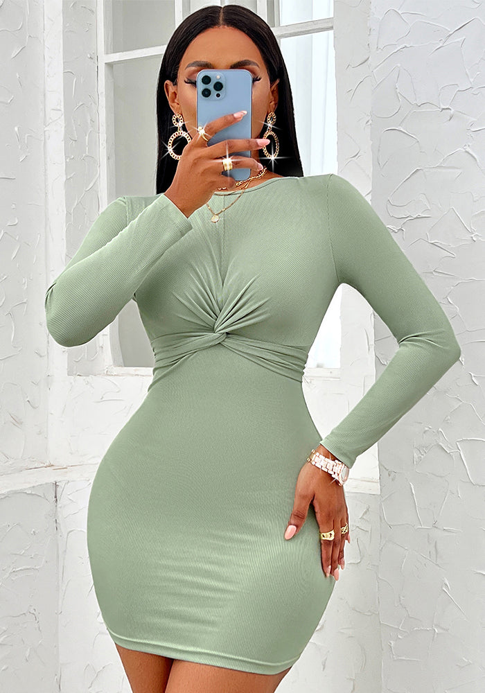 Women Sexy Casual Solid Round Neck Knot Long Sleeve Dress