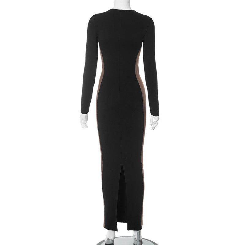 BamBam Women's Autumn Fashion Contrast Color Round Neck Long Sleeve Slit Long Dress - BamBam