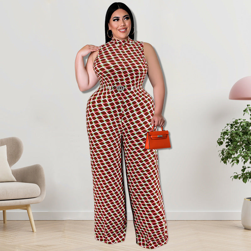 BamBam Plus Size Women Clothes Elegant Plaid Stand Collar Sleeveless Wide Leg Jumpsuit - BamBam Clothing