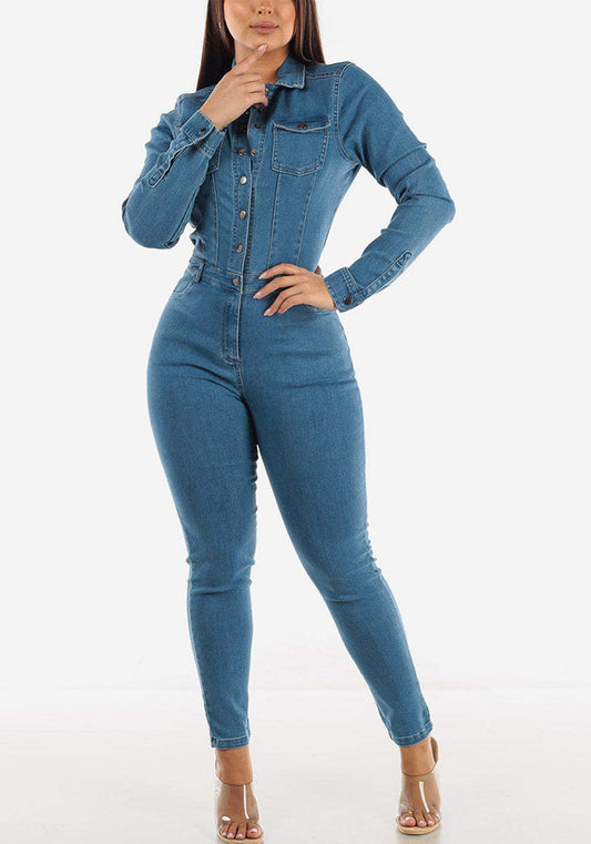 Slim Fit Long Sleeve Tiny Foot Washed Denim Jumpsuit