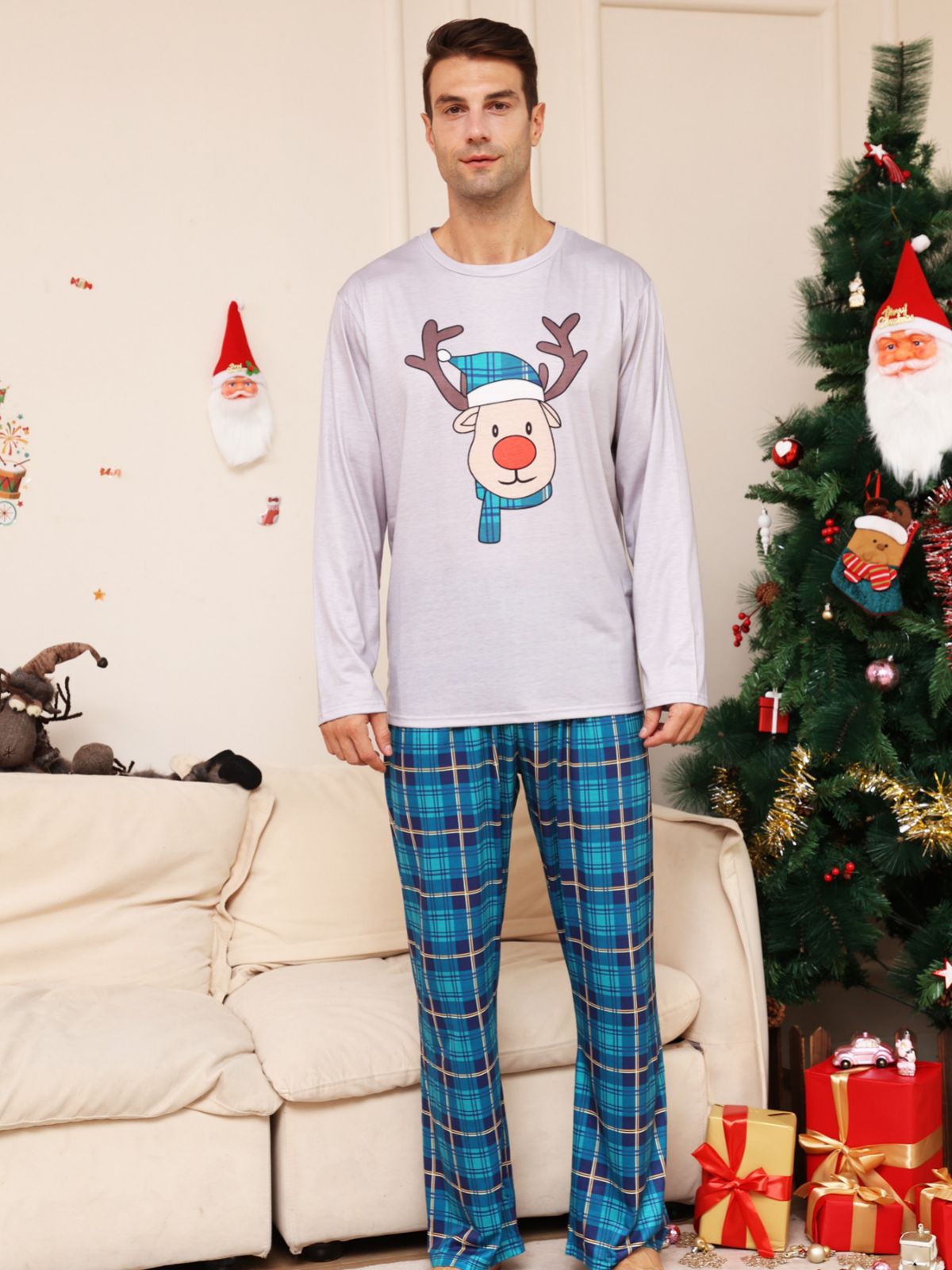 BamBam Plaid Cartoon Deer Christmas Parent-Child Outfit Printed Home Clothes Pajamas - BamBam