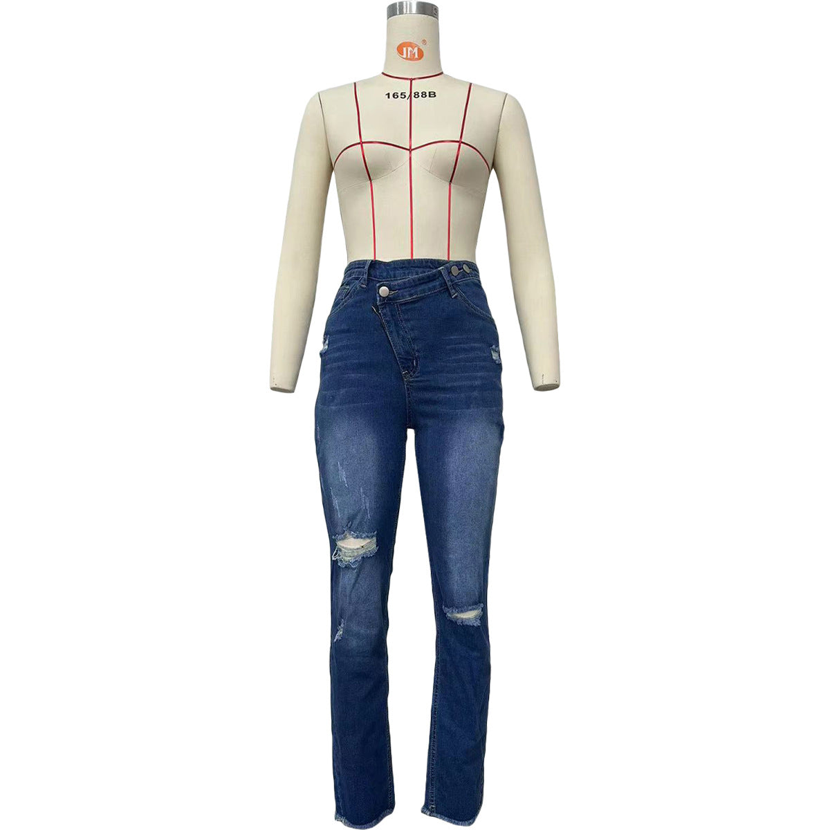 BamBam Women Ripped Diagonal Zip Denim Pants - BamBam