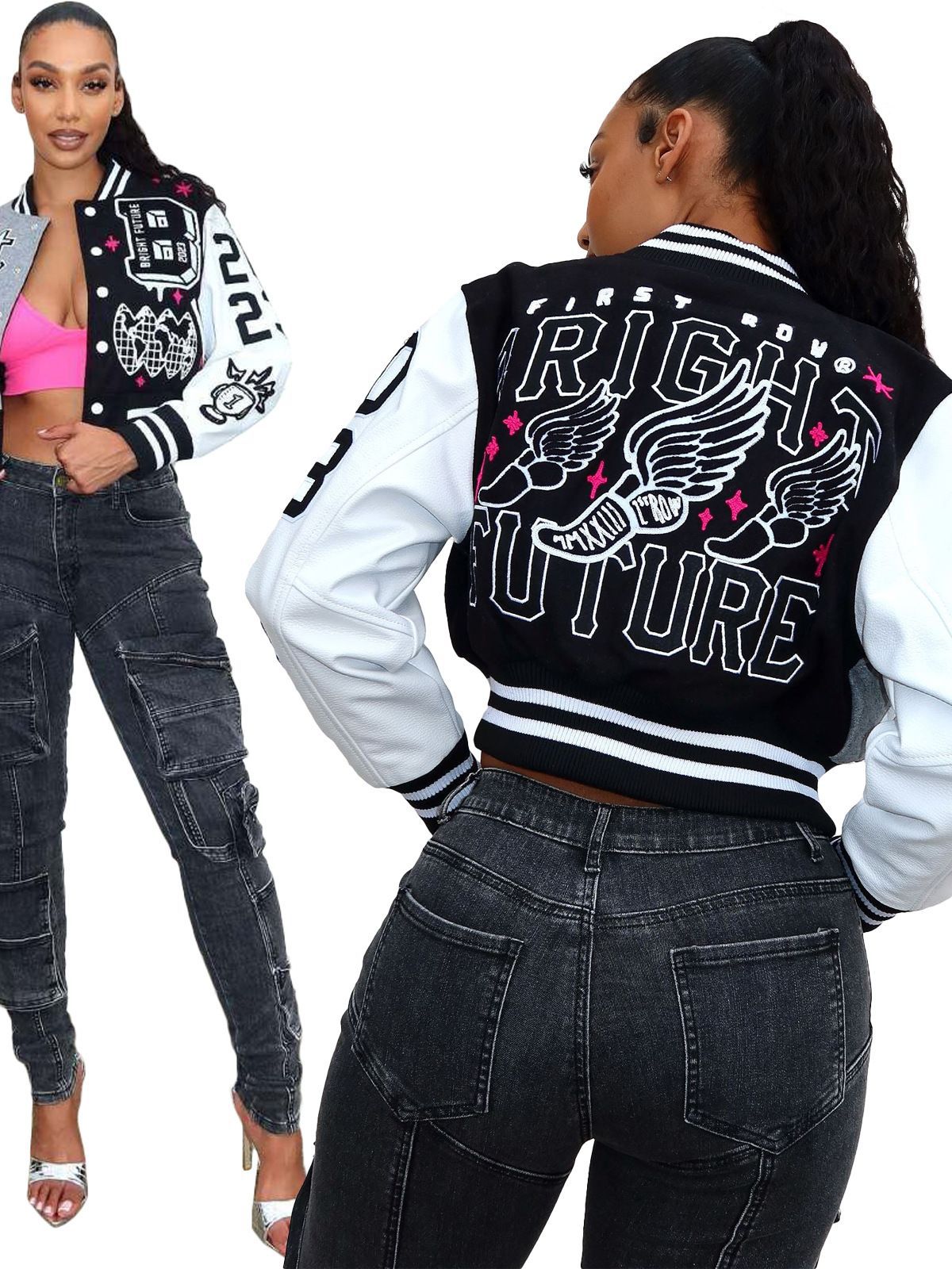 BamBam Women Print Ribbed Baseball Jacket - BamBam Clothing