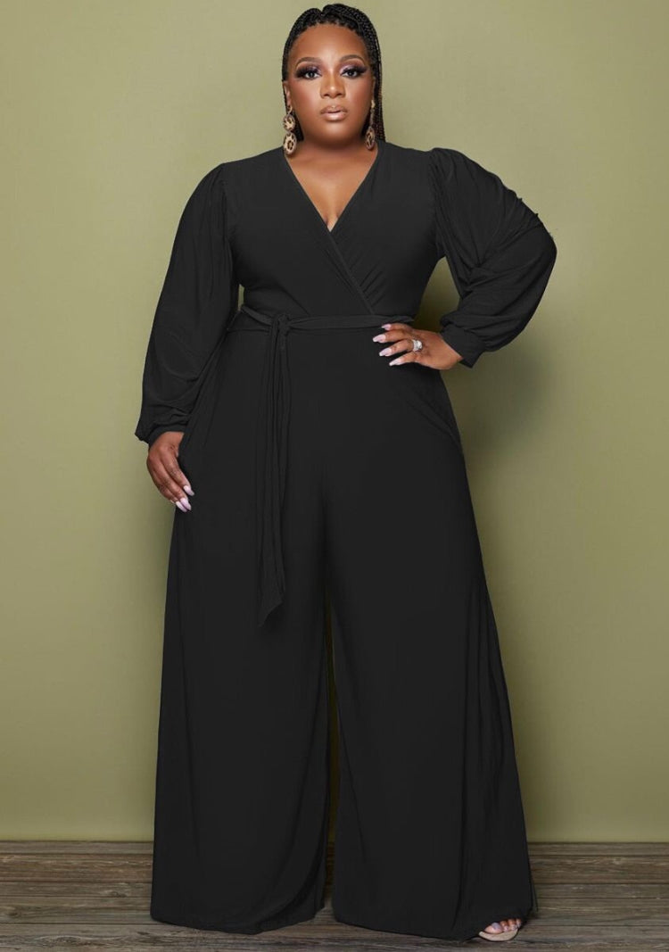 Winter Black V-Neck Wrap Long Sleeve Wide Legges Plus Size Jumpsuit