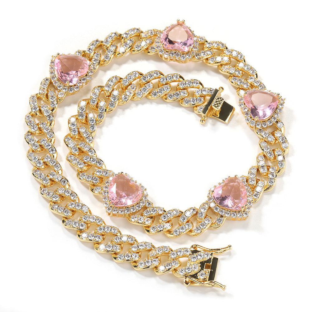 BamBam Heart Print Diamond Ladies Necklace Hip Hop 9mm Sweet Pink Zircon Cuban Chain - BamBam