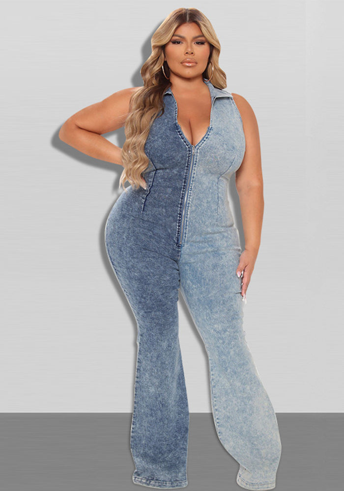 Plus Size Women's Fall Color Block Wash Sexy Denim Jumpsuit