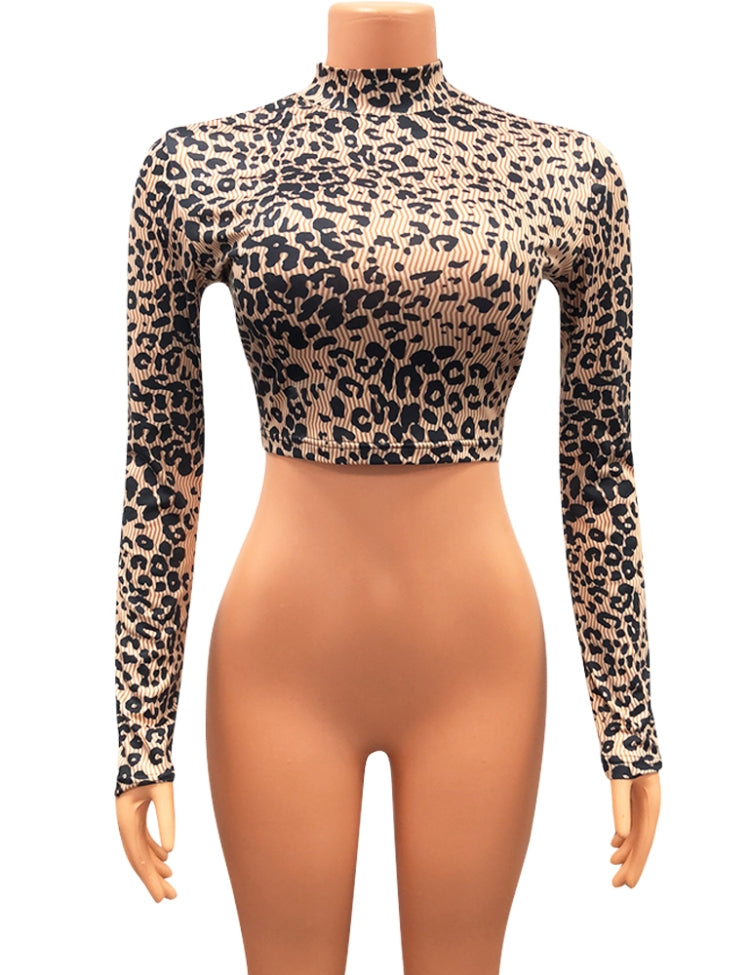 BamBam Fall Sexy Leopard Print Long Sleeve Slim Crop Top - BamBam