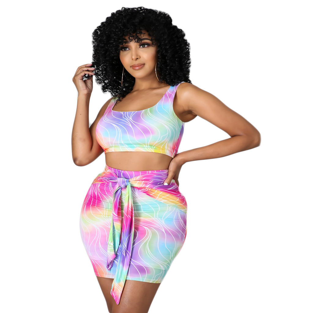 BamBam Printed Sleeveless Fashion Sexy Two-Piece Skirt Set - BamBam