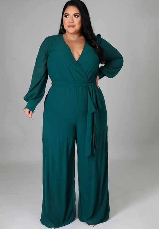 Autumn Plus Size Elegant Wrap Jumpsuit Green