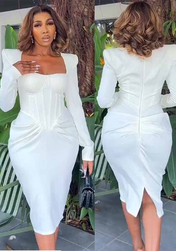 Women Sexy Square Neck Long Sleeve Slit Bodycon Dress