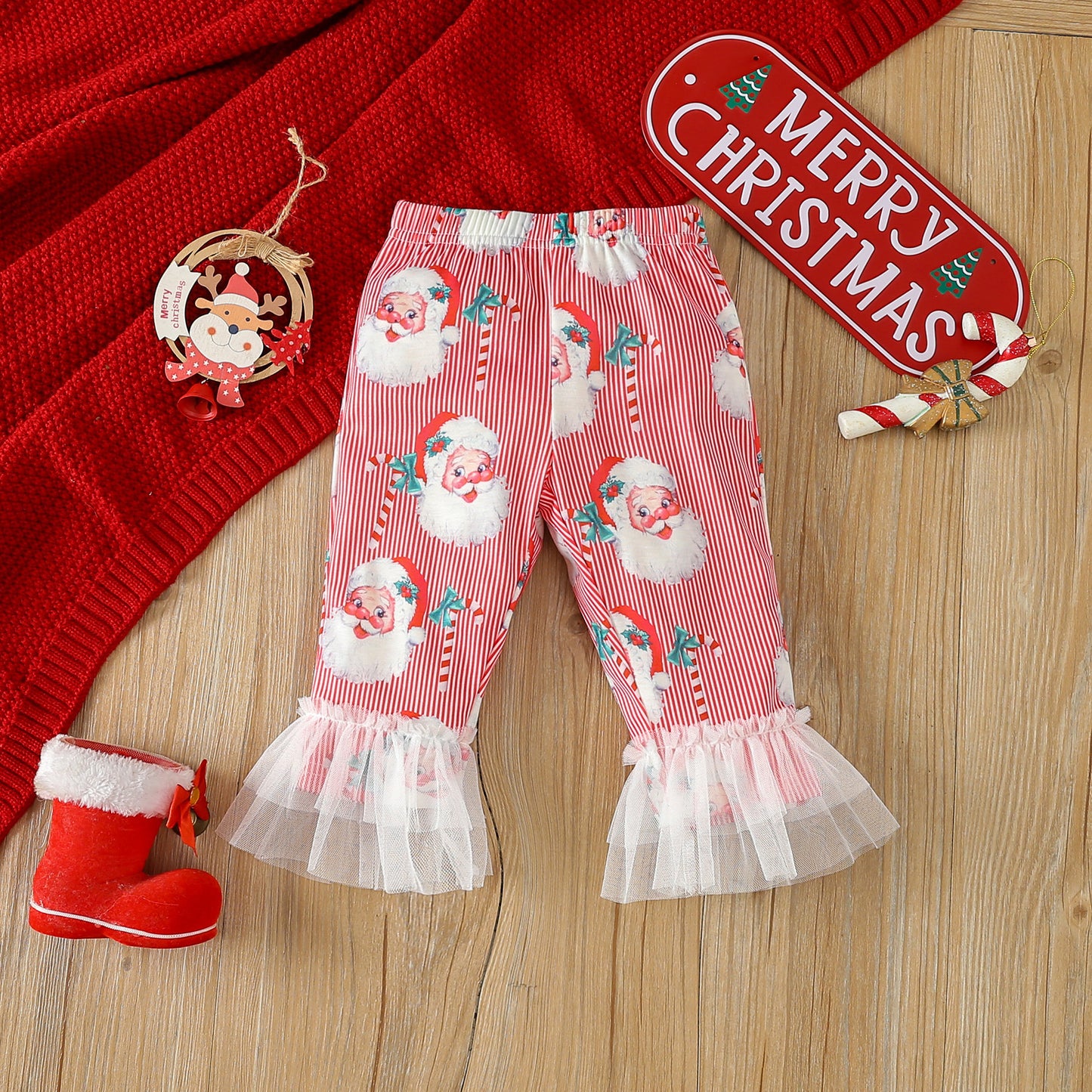 BamBam Christmas Girl long-sleeved cartoon Santa Claus printed T-shirt Pant home wear two-piece set - BamBam