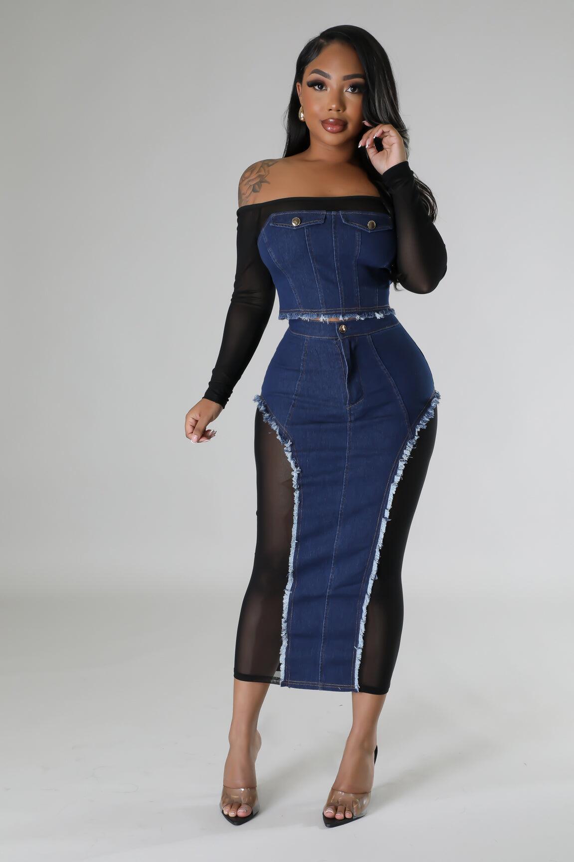 BamBam Women mesh Denim Patchwork See-Through Strapless Top and Skirt two-piece set - BamBam