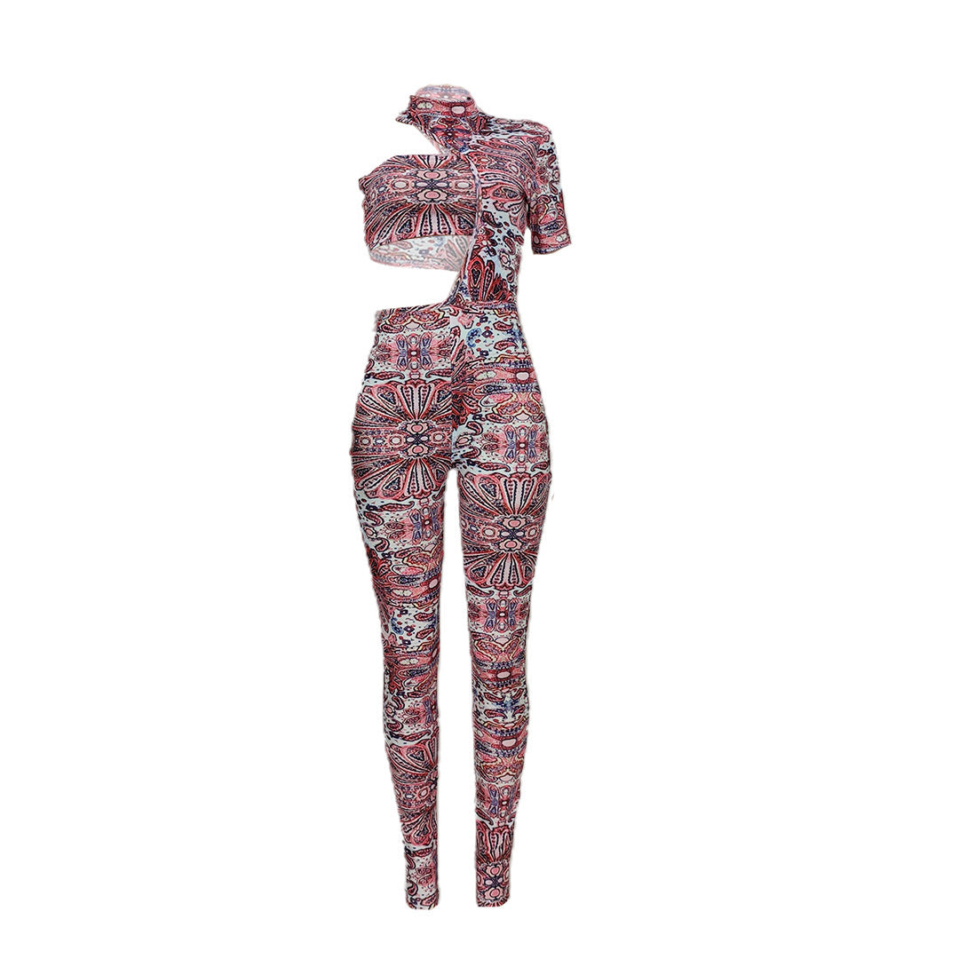 BamBam Women's Clothes Sexy Hollow Shoulder Fashion Print Wrapped Chest Tight Fitting Jumpsuit For Women - BamBam Clothing
