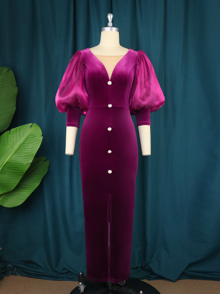 BamBam New Autumn Lantern Sleeve V-Neck Slit Vintage Party Dress - BamBam Clothing