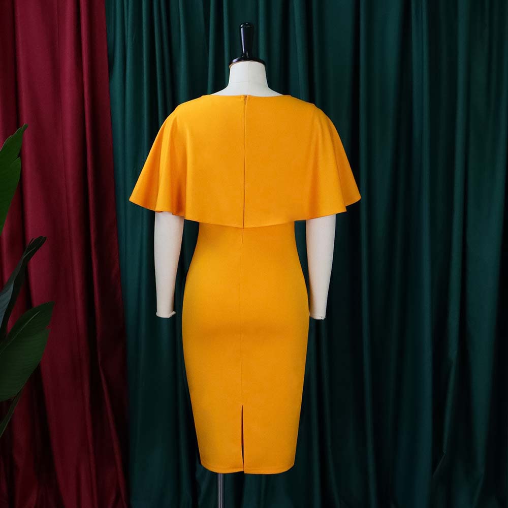 BamBam Women Summer Orange Formal V-neck Cape Sleeve Solid Midi Sheath Office Dress - BamBam