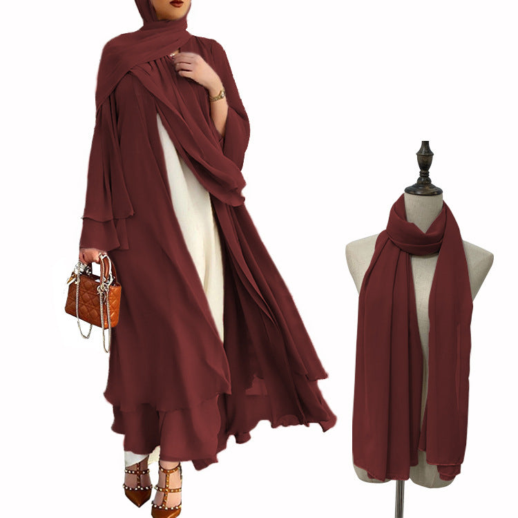 BamBam Muslim Solid Color Cardigan Feminine Flowing Chiffon Plus Size Women's Dress - BamBam