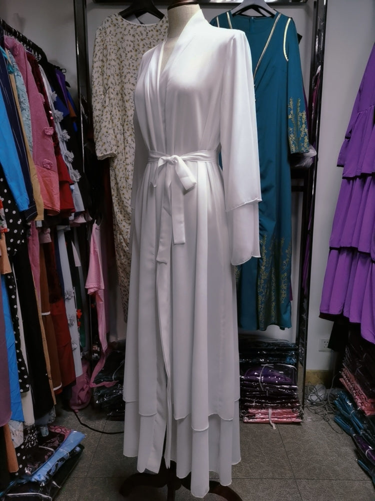 BamBam Arab Dubai Arab Middle East Turkey Morocco Islamic Clothing Kaftan Abaya Front Open Muslim Robe with Hijab White - BamBam