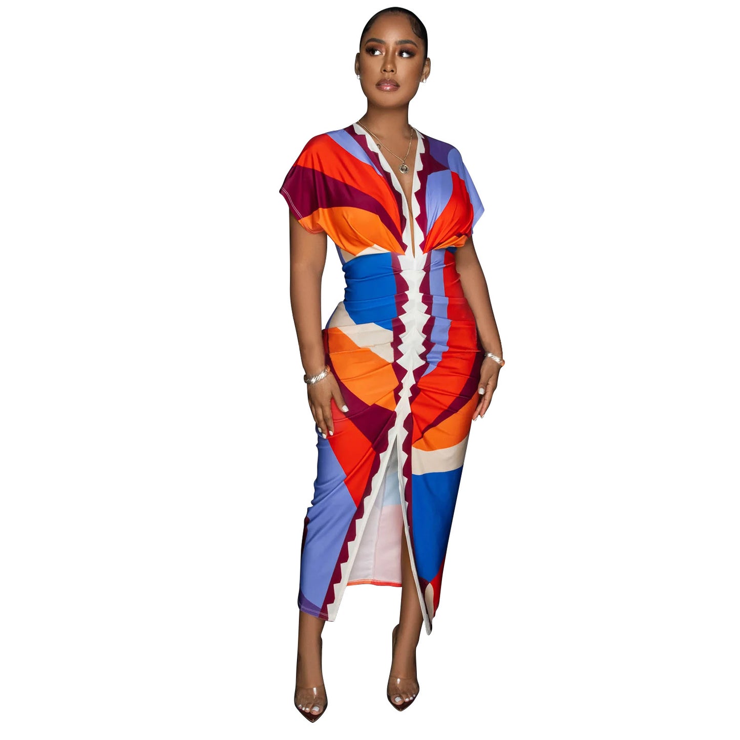 BamBam Women v-neck printed slit pleated dress - BamBam