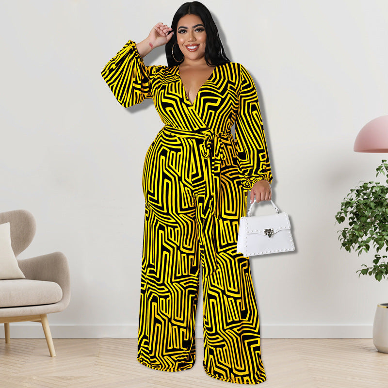 BamBam Plus Size Women'S Print Long Sleeve Wrap Wide Leg Jumpsuit - BamBam Clothing