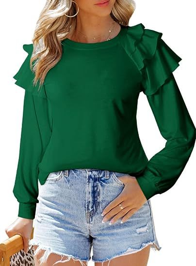 BamBam Autumn And Winter Ruffled Long-Sleeved Round Neck Pullover Solid Color T-Shirt Women's Top - BamBam