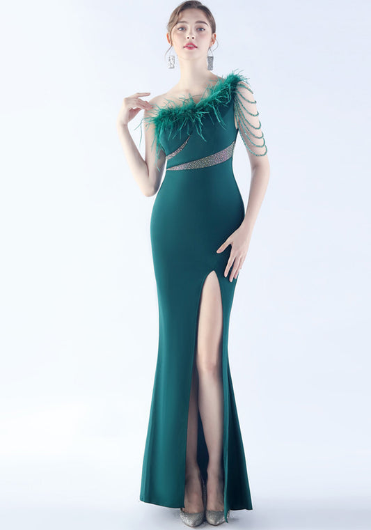 Women Beaded Beaded Ostrich Feather Slash Shoulder One-shoulder Evening Dress