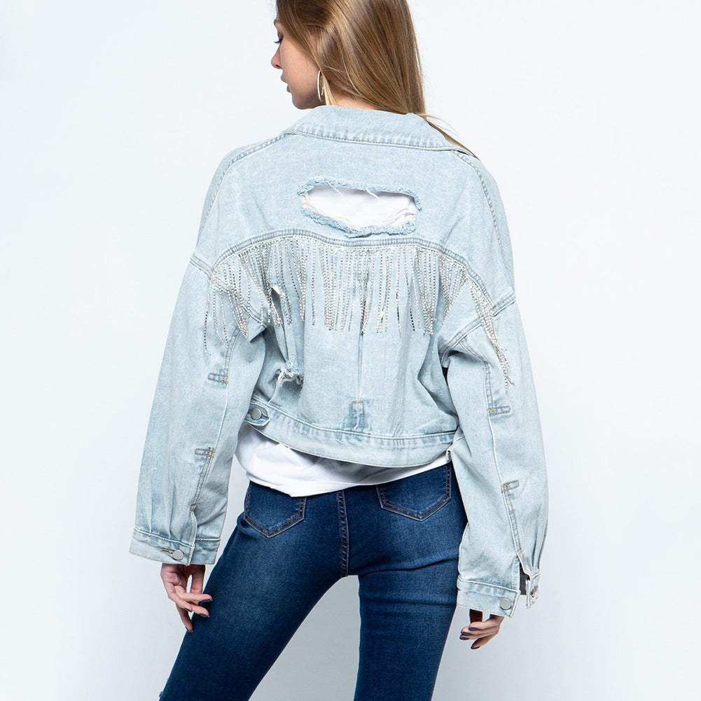 BamBam Women Ripped Rhinestone Tassel Long Sleeve Rose Denim Jacket - BamBam