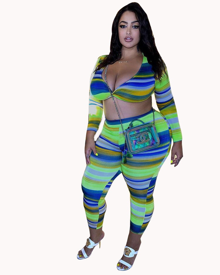 BamBam Plus Size Women Sexy Printed Striped Long Sleeve Top and Pants Two-piece Set - BamBam