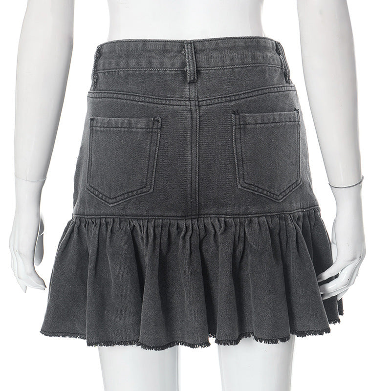 BamBam Women Autumn Solid Casual Button Zipper Denim Pleated Skirt - BamBam