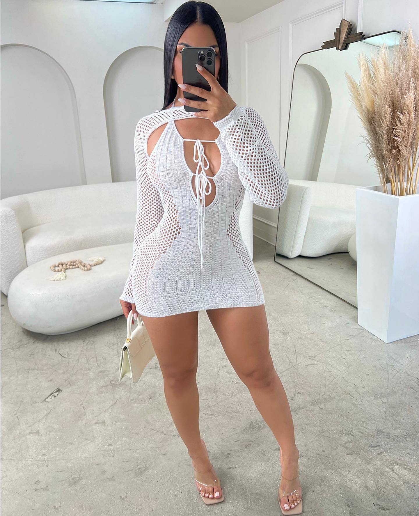 BamBam Women's Sexy Hollow Knitted Round Neck Long Sleeve Top Halter Neck Back Hollow Jumpsuit Two-Piece Set - BamBam Clothing