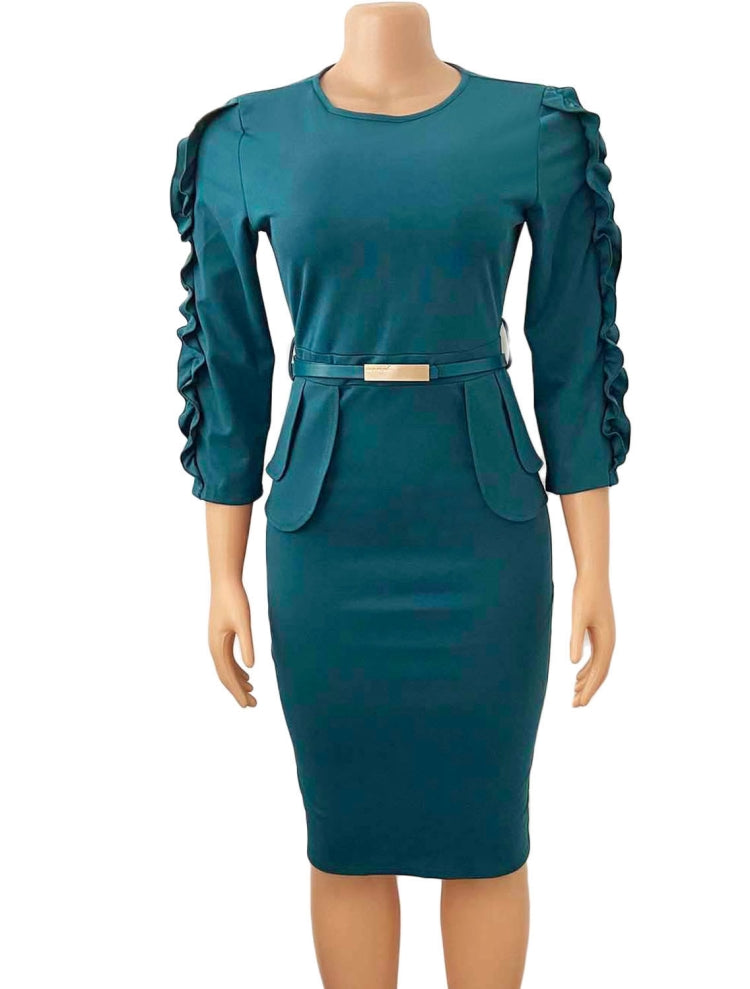 BamBam Spring African Acid Blue Round Neck Three Quarter Sleeve Ruffles With Belt Office Dress - BamBam