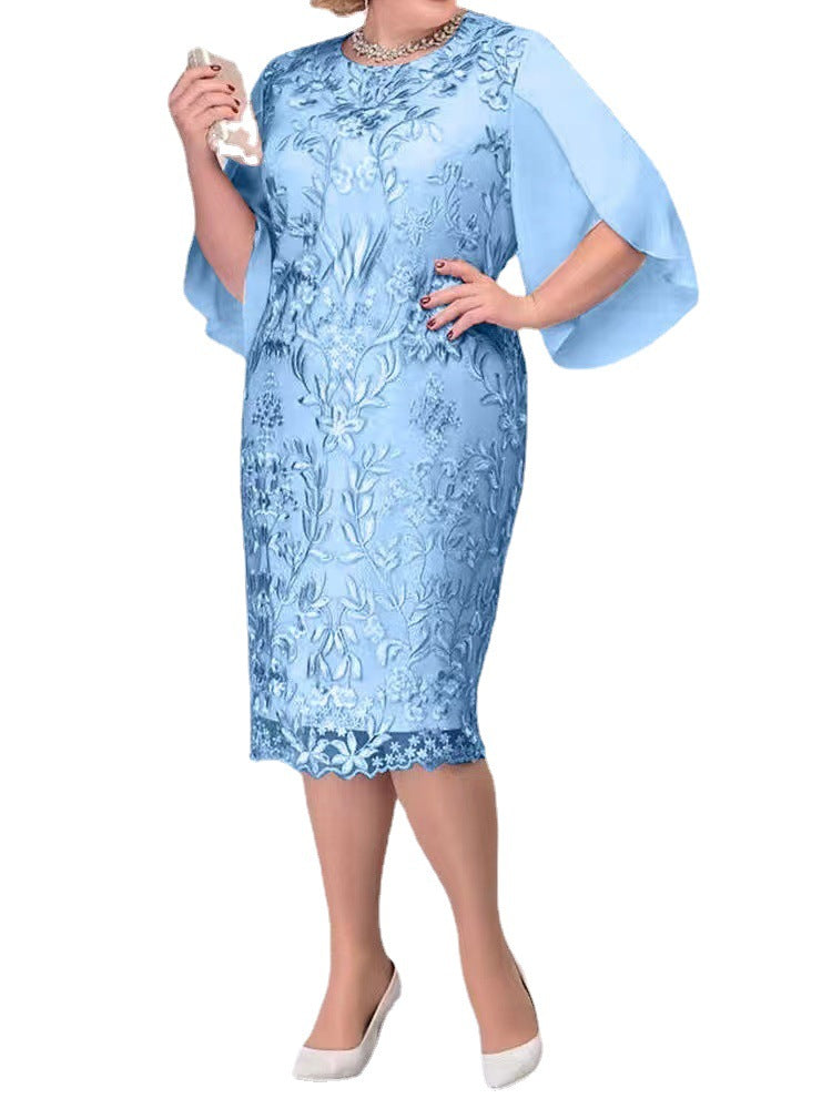 BamBam Plus Size Women Solid lace chiffon Shawl Sleeves Bodycon Dress - BamBam