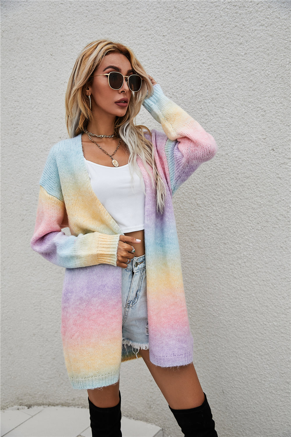 BamBam Winter Sweater Rainbow Tie Dye Plus Size Cardigan Women's Knitting Shirt Jacket - BamBam