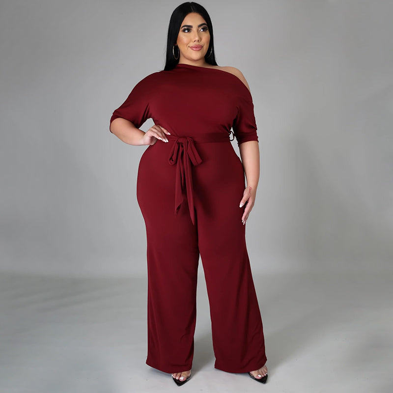 BamBam Plus Size Solid Plain Slash Shoulder Formal Jumpsuit - BamBam Clothing